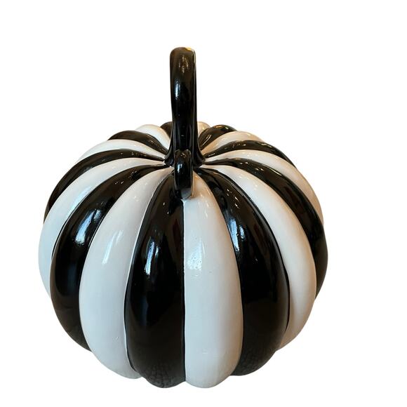 Modern Black & White Striped Pumpkin 12in Chic Fall Designer Home Decor NEW - Picture 3 of 9